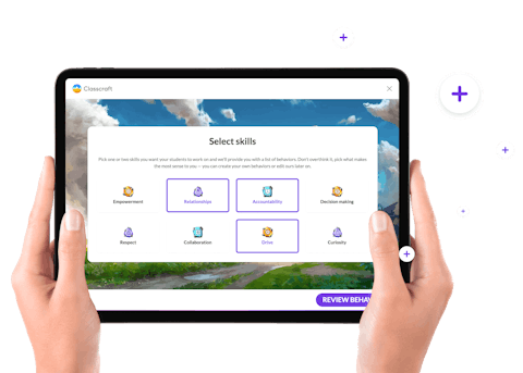 Hands holding tablet with screenshot of Classcraft select skills