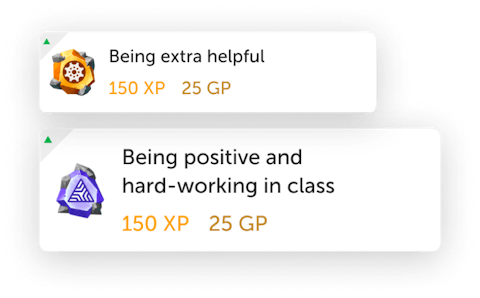 Two graphics of positive behaviors students can be rewarded for with Classcraft. The first example is 'Being extra helpful. The second example is 'Being positive and hard-working in class'