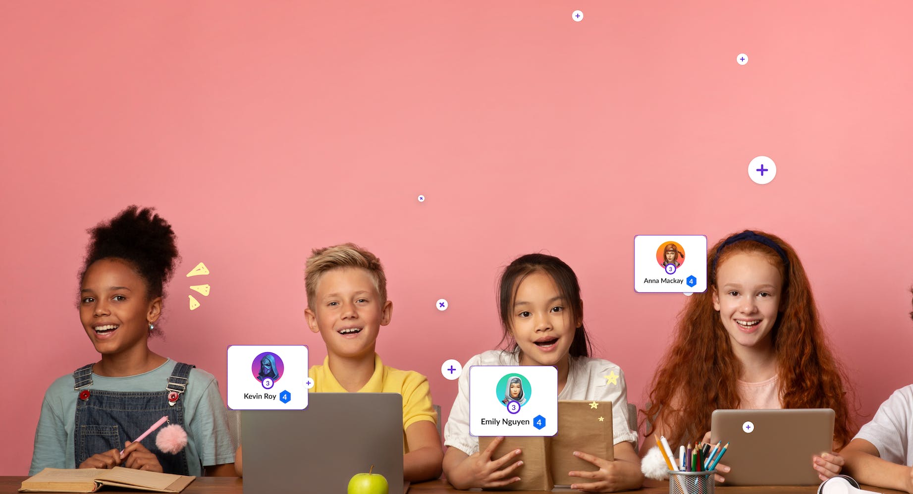 Students with books and computers with images of their Classcraft avatars