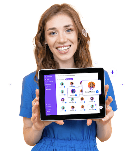 Woman holding tablet with screenshot of Classcraft avatars