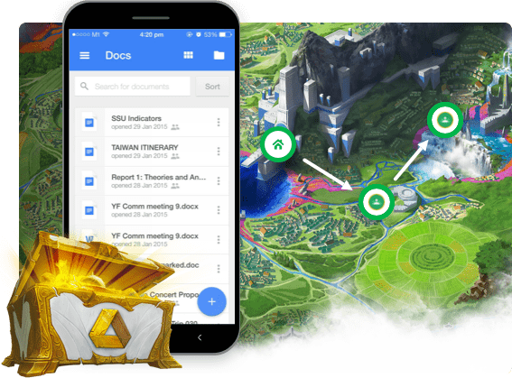 Coffre aux trésors de Classcraft orné du logo de Google Drive avec Google Docs allumant un téléphone intelligent avec une carte de quête Classcraft à l'arrière-plan