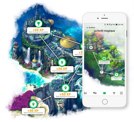 Quête de Classcraft avec des étapes sur le téléphone intelligent à gauche et des travaux à droite